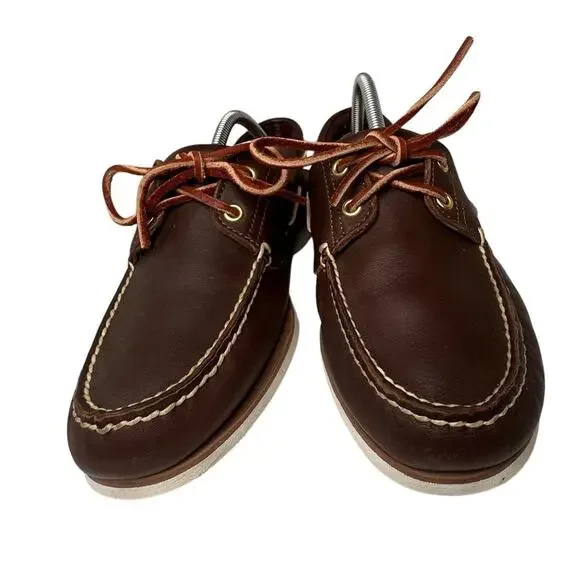 Vtg Timberland Brown Leather White Sole 2 Eye Boat Shoes 74035 Preppy Men Sz 9.5 - Picture 12 of 16